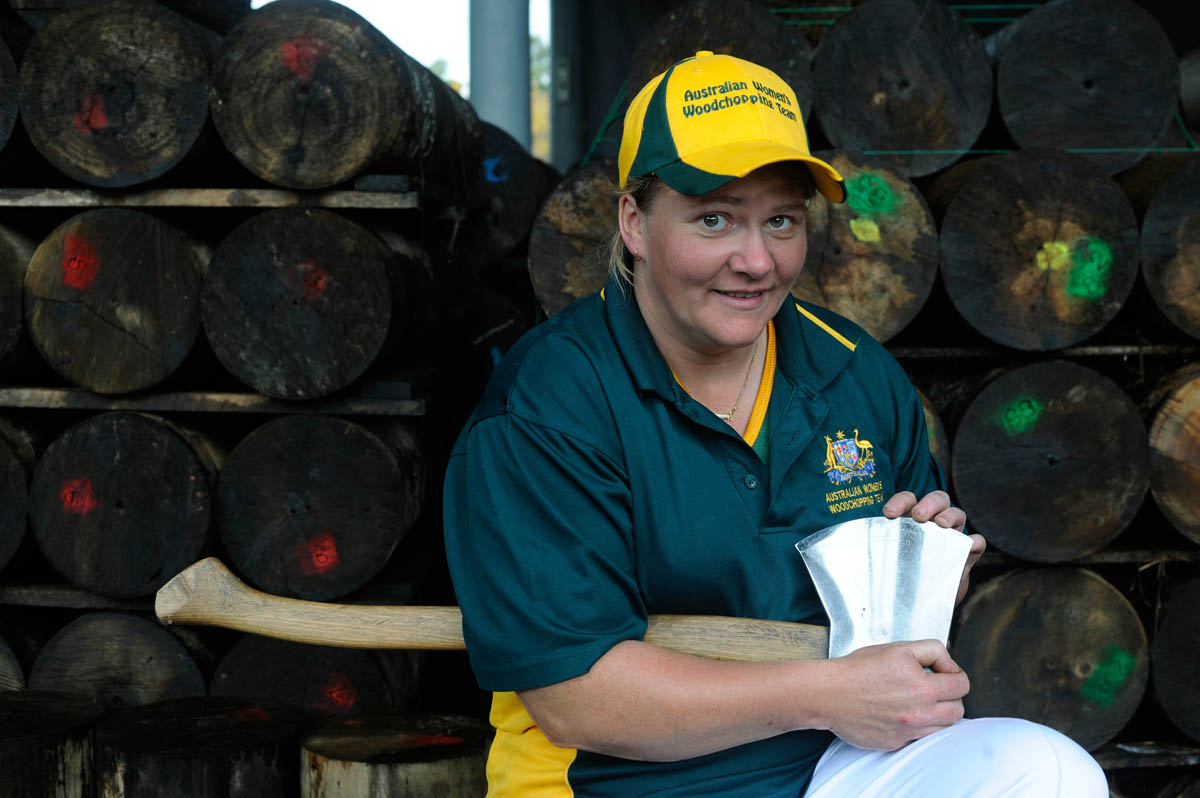 Wood chopping champion with ax to grind